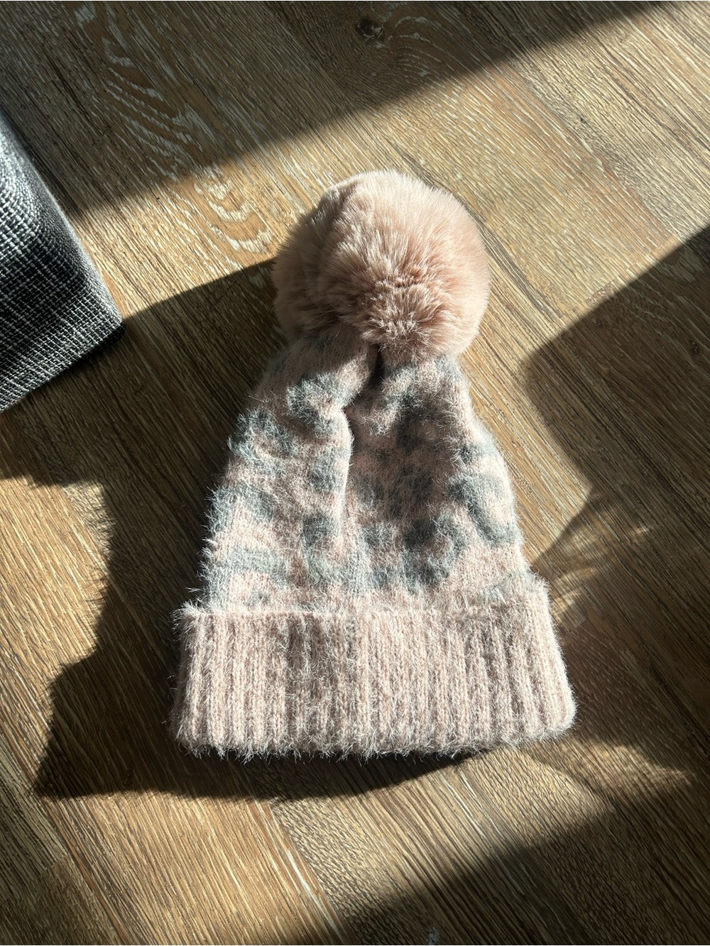 Faux Fur Pom Beanie in Blush and Light Grey